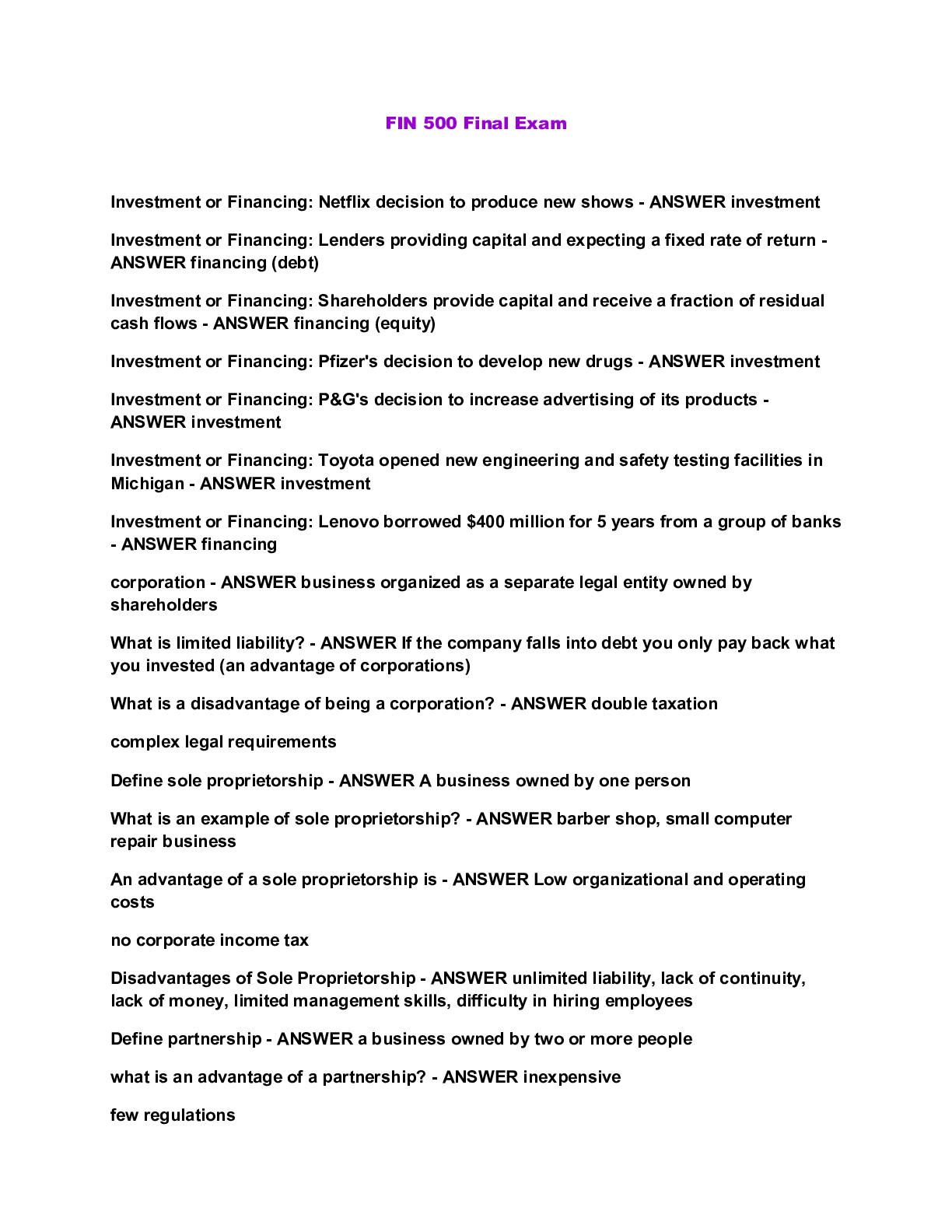 Preview image for FIN 500 Final Exam